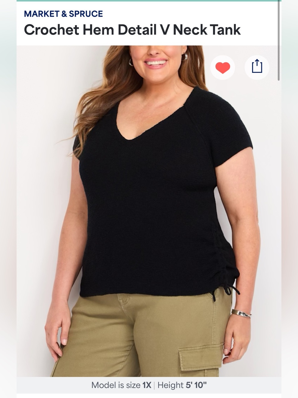 Market & Spruce Black V‑Neck Short Sleeve Knit Top with Side Drawstrings